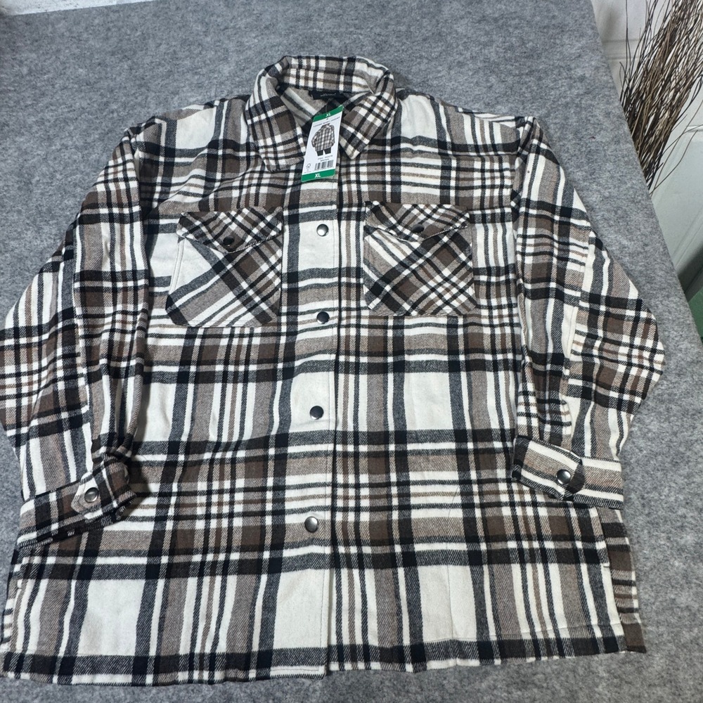 HFX Ladies Shirt Jacket Brown Plaid Wool Blend Shacket XL 1534711 NEW